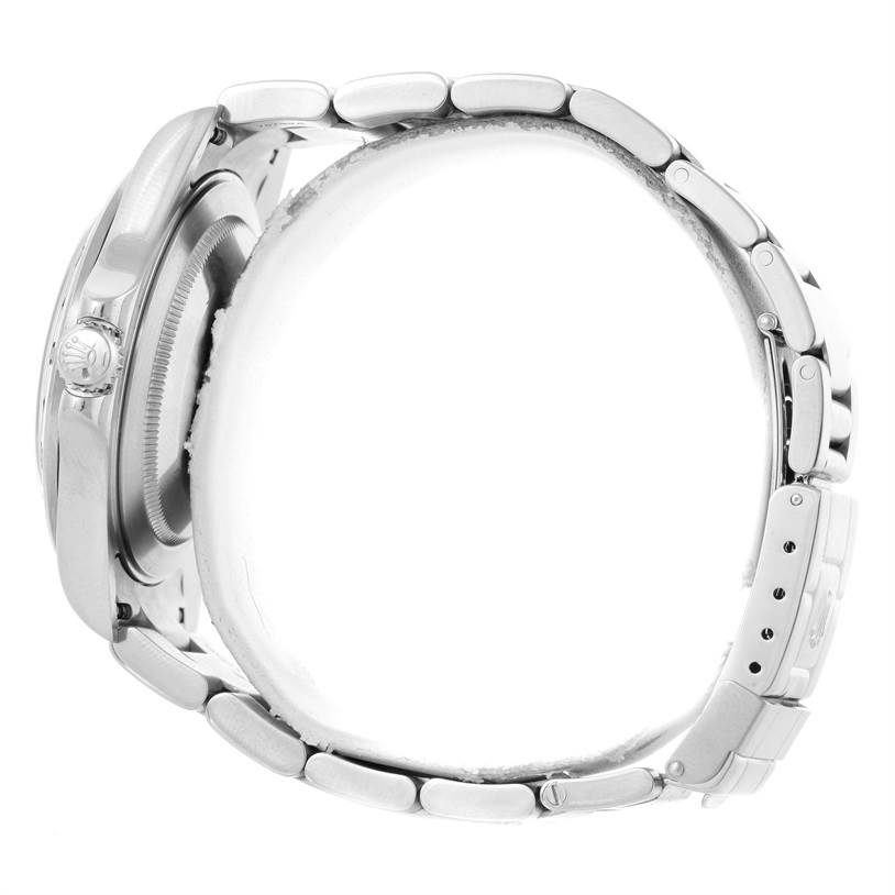 This image shows a side view of a Rolex Explorer 16570 Men's Stainless Steel Black Dial 16570 Men's Stainless Steel Black Dial watch, highlighting its crown and bracelet.