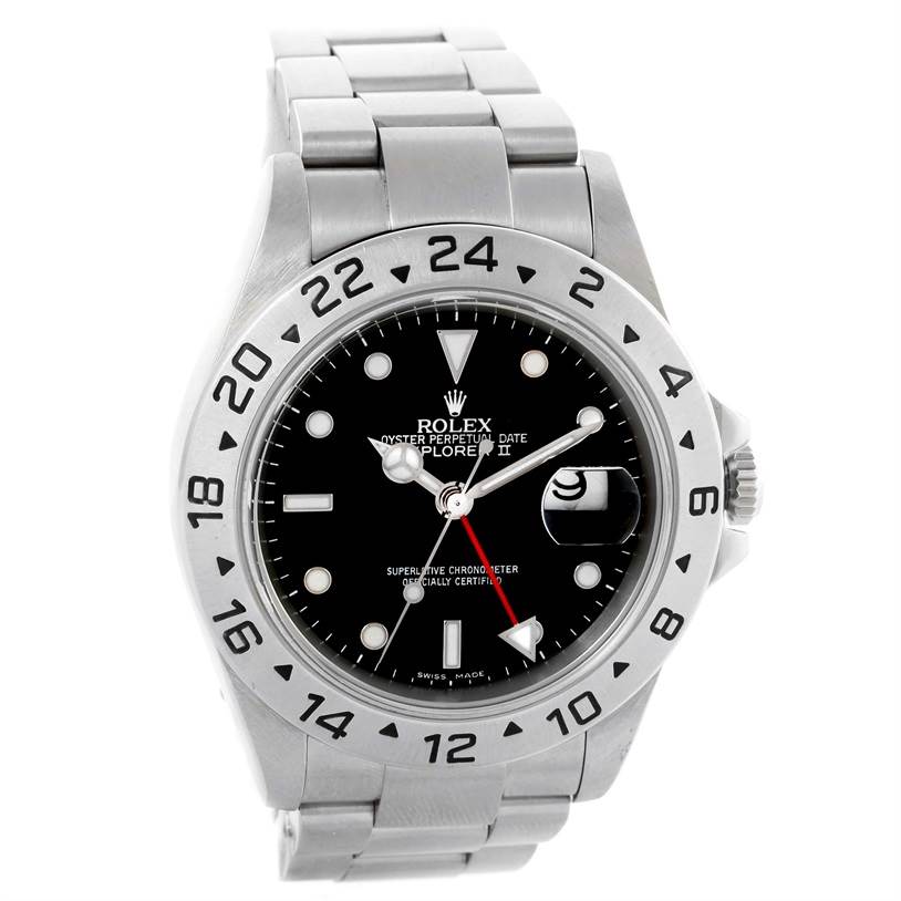 This image shows the front view of a Rolex Explorer 16570 Men's Stainless Steel Black Dial 16570 Men's Stainless Steel Black Dial watch, displaying the dial, bezel, and part of the bracelet.