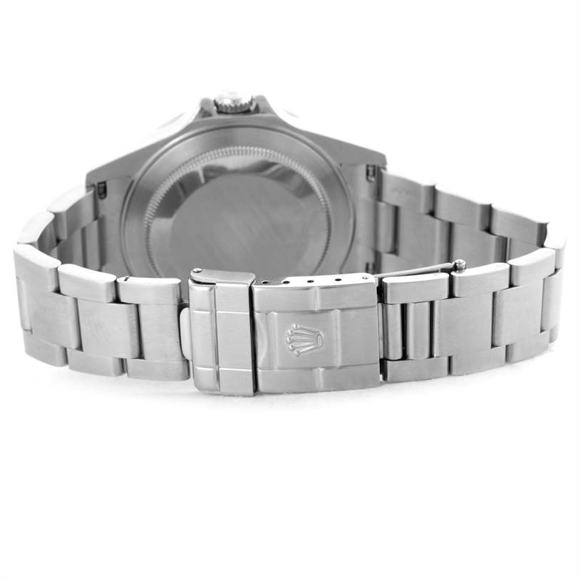 The image shows the back case and clasp of the Rolex Explorer 16570 Men's Stainless Steel Black Dial 16570 Men's Stainless Steel Black Dial watch, showcasing its stainless steel bracelet.