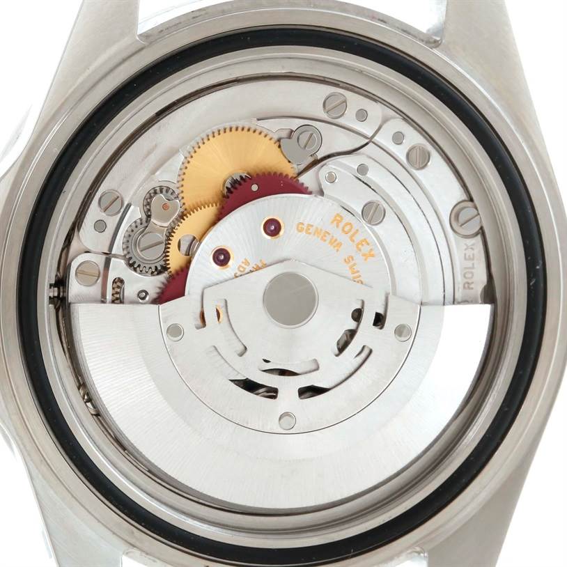 The image shows the inner mechanism and movement of a Rolex Explorer 16570 Men's Stainless Steel Black Dial 16570 Men's Stainless Steel Black Dial watch from the back.
