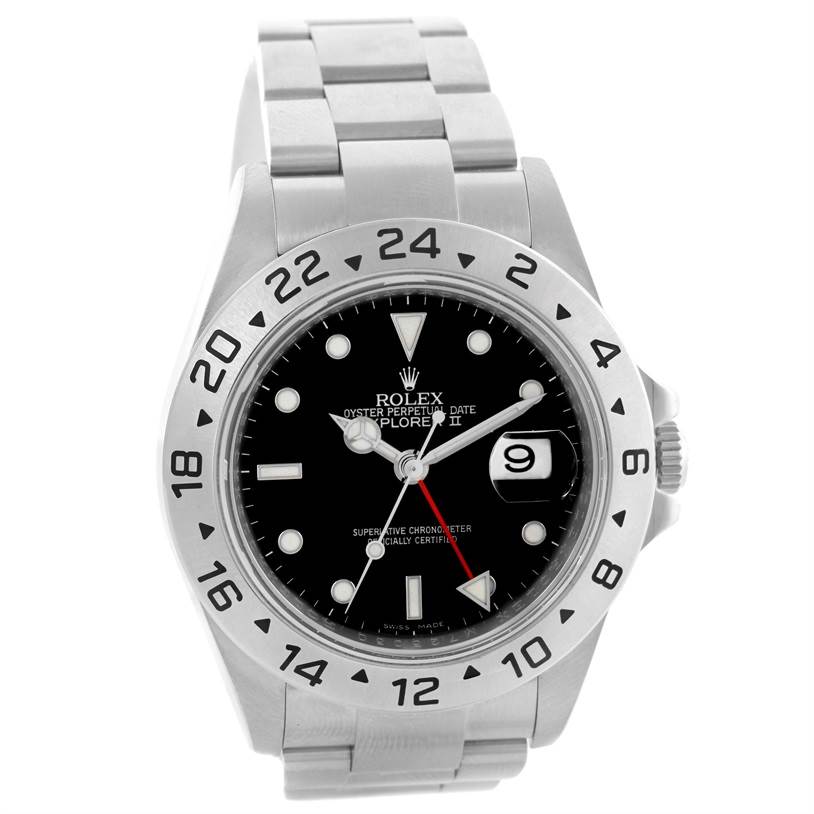 The Rolex Explorer 16570 Men's Stainless Steel Black Dial 16570 Men's Stainless Steel Black Dial model is shown from a front angle, displaying the face, bezel, bracelet, and crown.