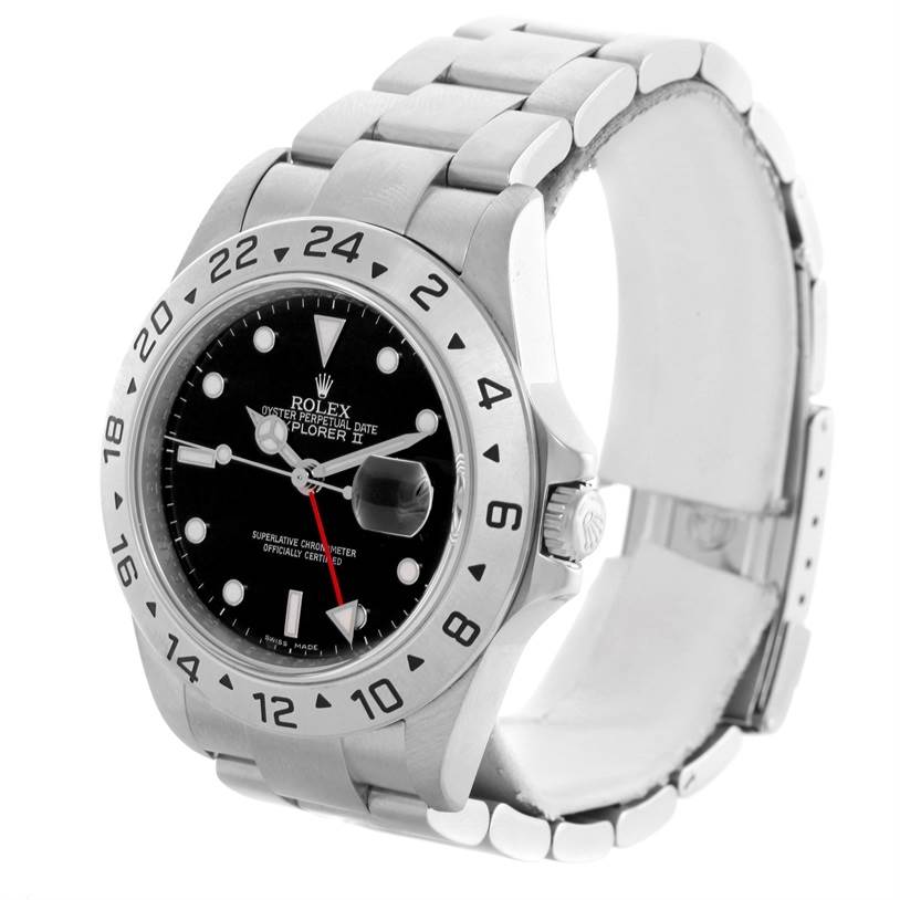 The image shows a side angle of the Rolex Explorer 16570 Men's Stainless Steel Black Dial 16570 Men's Stainless Steel Black Dial watch, highlighting the bezel, dial, bracelet, and crown.