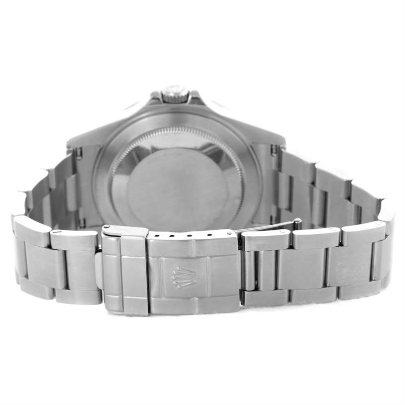 The image shows the back view of the Rolex Explorer 16570 Men's Stainless Steel Black Dial 16570 Men's Stainless Steel Black Dial watch, displaying its caseback and metal bracelet clasp.