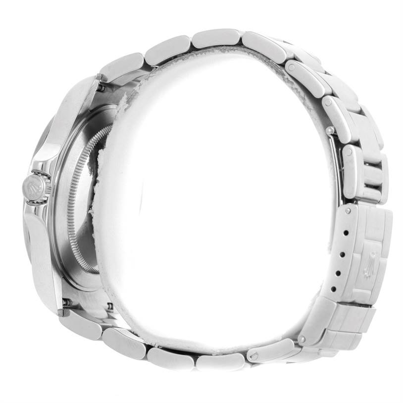 The image shows the side view and bracelet of a Rolex Explorer 16570 Men's Stainless Steel Black Dial 16570 Men's Stainless Steel Black Dial watch.