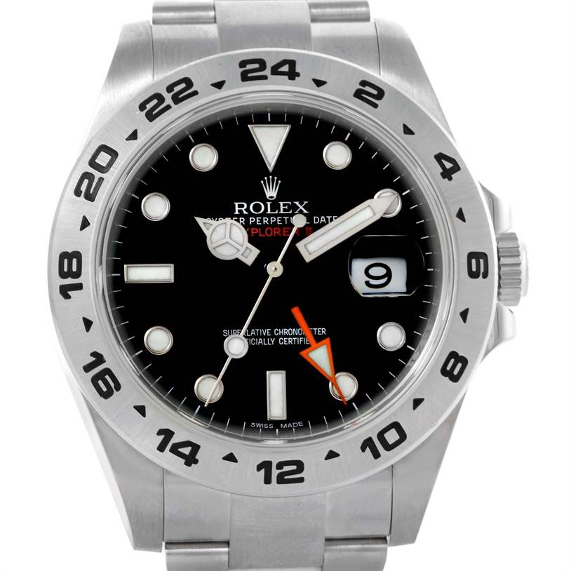 The image shows a front view of the Rolex Explorer 216570 Men
s Stainless Steel Black Dial 216570 Men
s Stainless Steel Black Dial watch, highlighting its face, bezel, hands, crown, and bracelet.