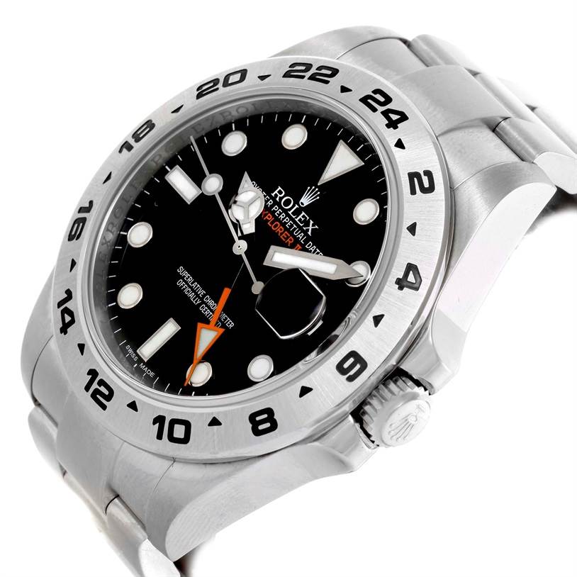 This image shows a side-angle view of the face and crown of a Rolex Explorer 216570 Men
s Stainless Steel Black Dial 216570 Men
s Stainless Steel Black Dial watch.