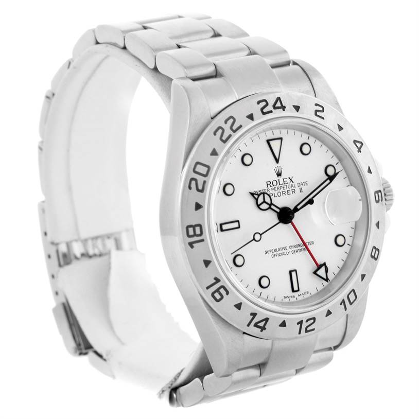 The image shows a three-quarter view of the Rolex Explorer 16570 Men's Stainless Steel White Dial 16570 Men's Stainless Steel White Dial watch, highlighting its face, bezel, and part of the bracelet.