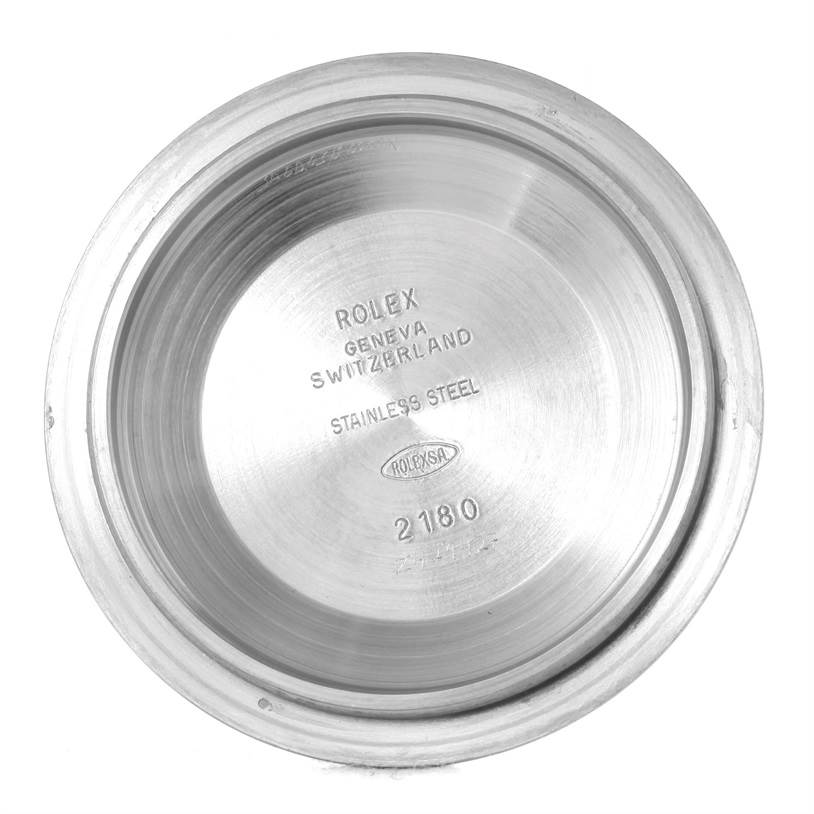 The image shows the inner case back of a Rolex Explorer 16570 Men's Stainless Steel White Dial 16570 Men's Stainless Steel White Dial watch, engraved with brand details and model number.