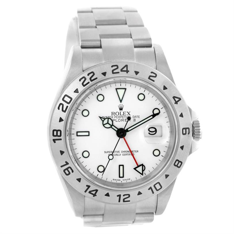 The image shows a front view of a Rolex Explorer 16570 Men's Stainless Steel White Dial 16570 Men's Stainless Steel White Dial watch, highlighting the dial, hands, bezel, and bracelet.
