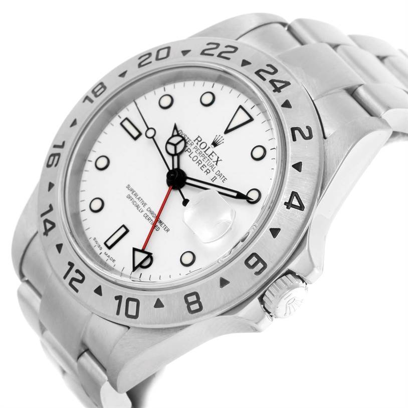 The Rolex Explorer 16570 Men's Stainless Steel White Dial 16570 Men's Stainless Steel White Dial watch is shown at a slight angle, displaying the dial, bezel, and part of the bracelet.