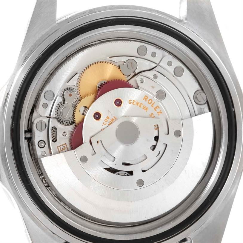 The image shows a close-up, internal view of the movement components of a Rolex Explorer 16570 Men's Stainless Steel White Dial 16570 Men's Stainless Steel White Dial watch.