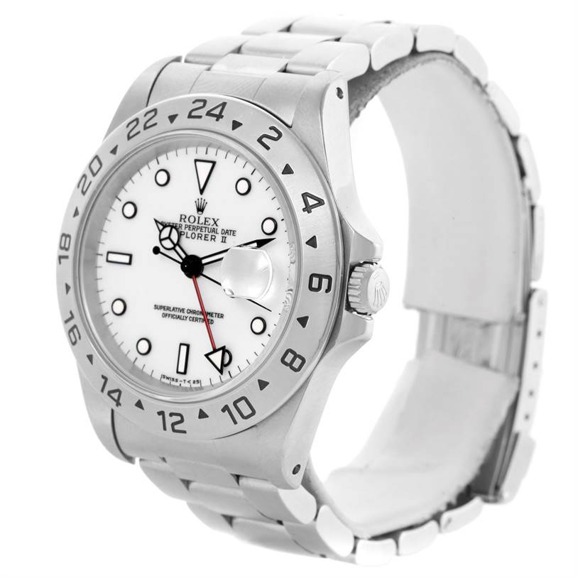This Rolex Explorer 16570 Men
s Stainless Steel White Dial 16570 Men
s Stainless Steel White Dial watch is shown at a three-quarter angle, highlighting its white dial, bezel, and bracelet.