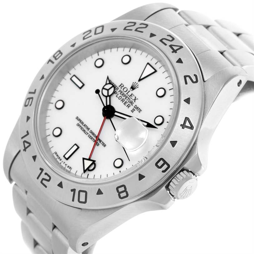 The image shows a close-up, angled view of the Rolex Explorer 16570 Men
s Stainless Steel White Dial 16570 Men
s Stainless Steel White Dial watch, highlighting the face, bezel, crown, and part of the bracelet.