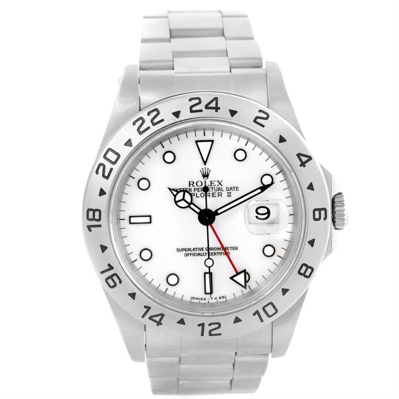 The image shows a front view of a Rolex Explorer 16570 Men
s Stainless Steel White Dial 16570 Men
s Stainless Steel White Dial watch, highlighting its dial, bezel, and bracelet.