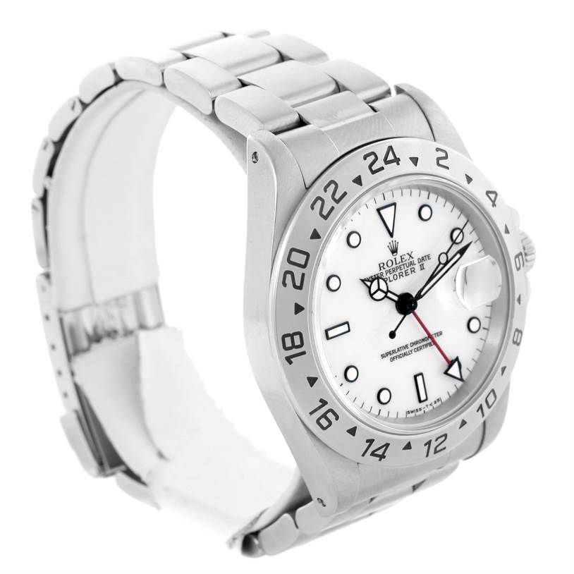 The image shows a side view of the Rolex Explorer 16570 Men
s Stainless Steel White Dial 16570 Men
s Stainless Steel White Dial watch, highlighting its dial, bezel, crown, and bracelet.