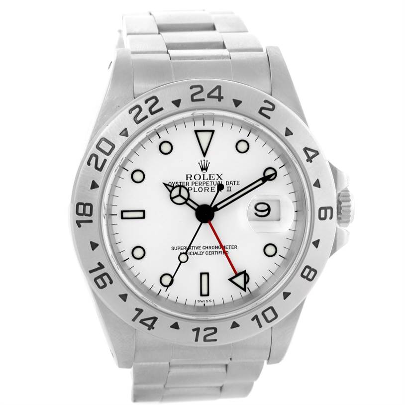 This image shows a frontal view of the Rolex Explorer 16570 Men's Stainless Steel White Dial 16570 Men's Stainless Steel White Dial watch, displaying the face, bezel, crown, and part of the bracelet.