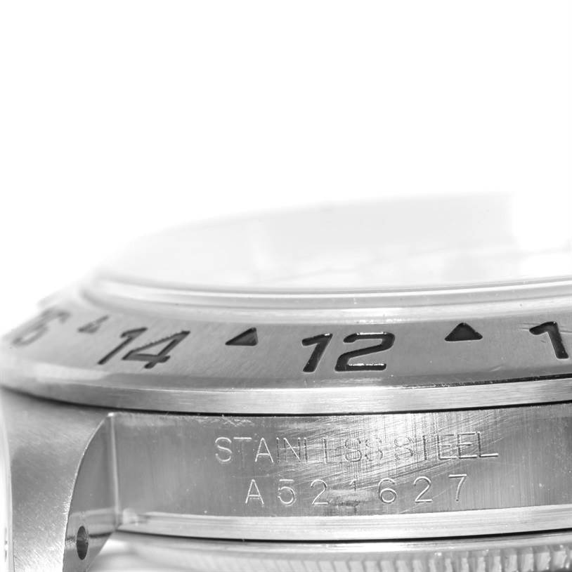 The image shows a close-up side view of the bezel, crystal, and case of a Rolex Explorer 16570 Men's Stainless Steel White Dial 16570 Men's Stainless Steel White Dial watch.