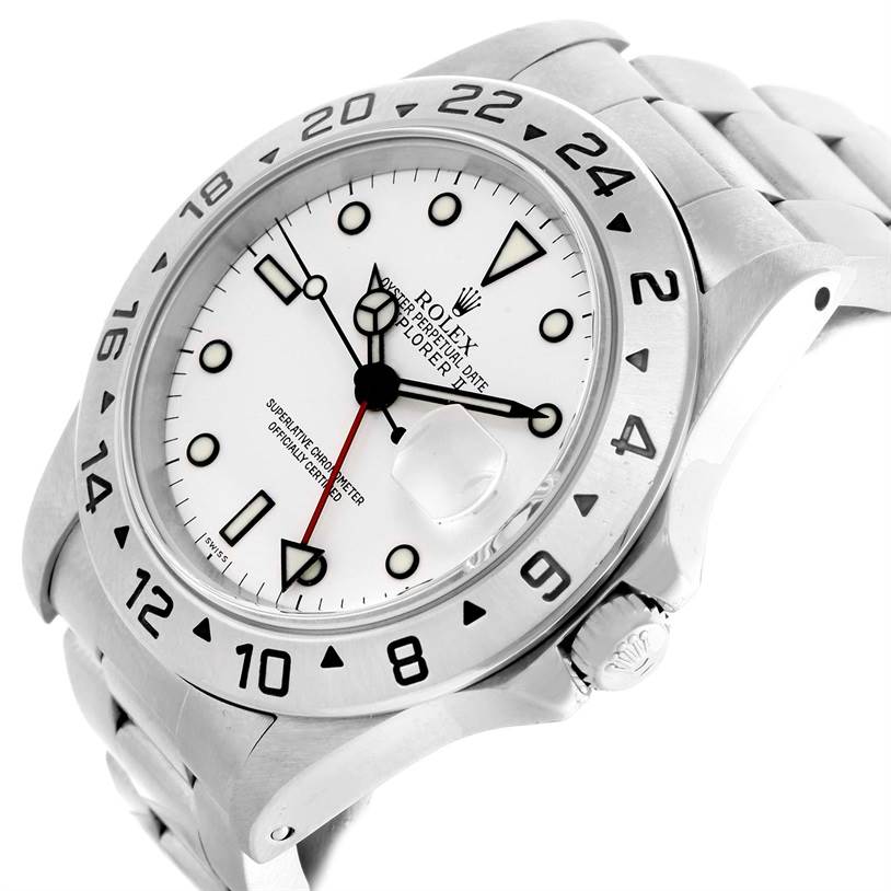 The image shows a close-up angled view of the Rolex Explorer 16570 Men's Stainless Steel White Dial 16570 Men's Stainless Steel White Dial watch, highlighting its dial, bezel, and bracelet.