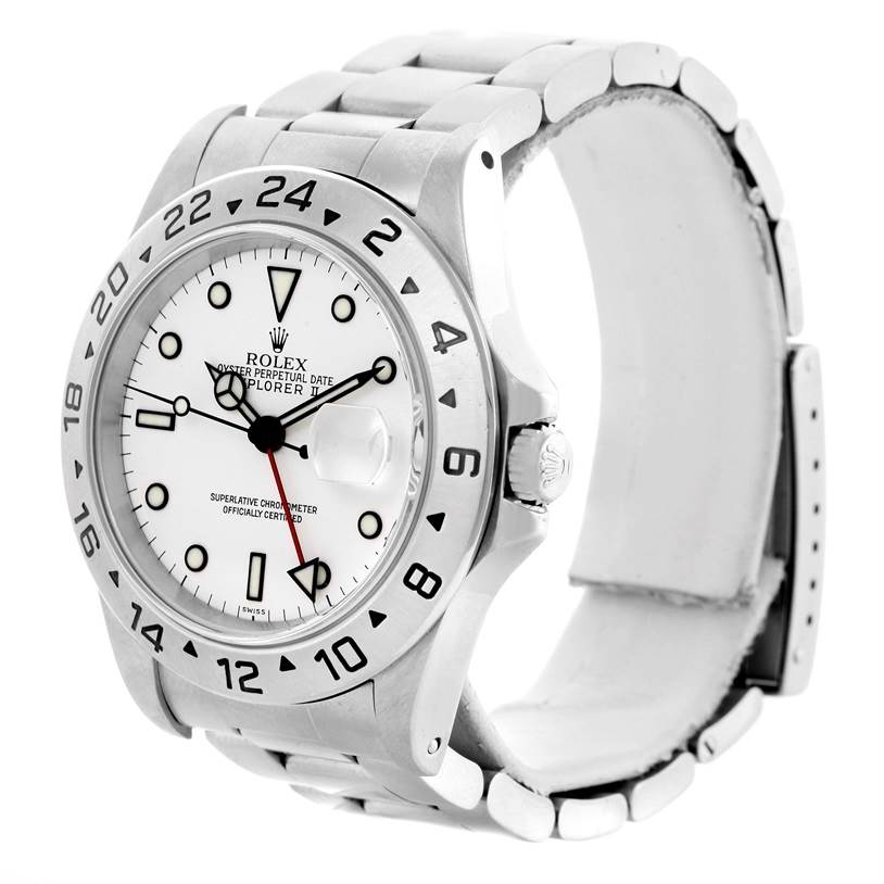 The image shows a Rolex Explorer 16570 Men's Stainless Steel White Dial 16570 Men's Stainless Steel White Dial watch at a 3/4 angle, highlighting the face, bezel, crown, and part of the bracelet.