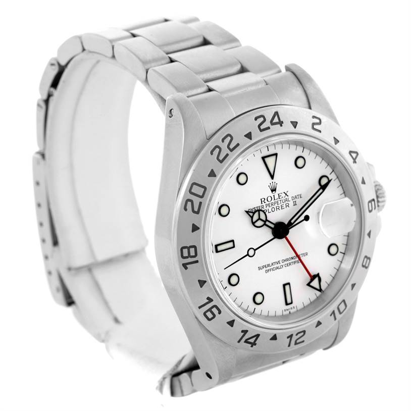 This image shows a Rolex Explorer 16570 Men's Stainless Steel White Dial 16570 Men's Stainless Steel White Dial watch from a front left angle, displaying the bracelet, bezel, and white dial.