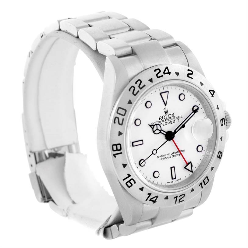 This image shows a Rolex Explorer 16570 Men's Stainless Steel White Dial 16570 Men's Stainless Steel White Dial watch angled to display its face, bezel, and part of the metal bracelet.