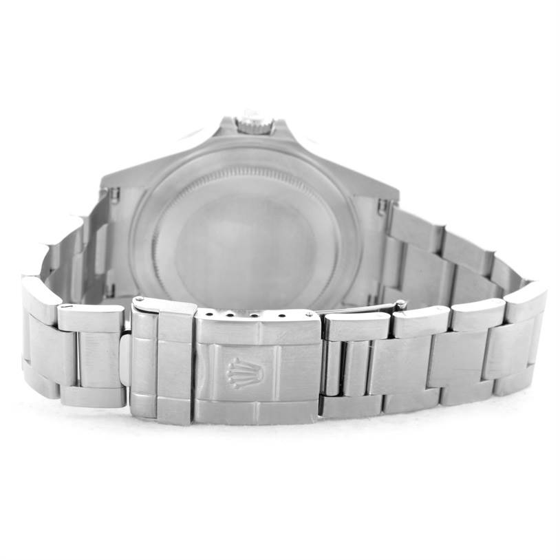 This image shows the back view of the Rolex Explorer 16570 Men's Stainless Steel White Dial 16570 Men's Stainless Steel White Dial watch, highlighting its clasp and bracelet.