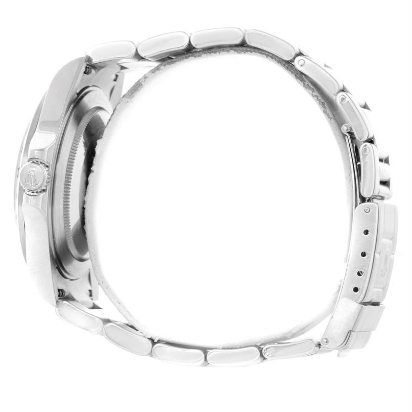 The image shows a side view of the Rolex Explorer 16570 Men's Stainless Steel White Dial 16570 Men's Stainless Steel White Dial watch, highlighting its crown, case, and metal bracelet.