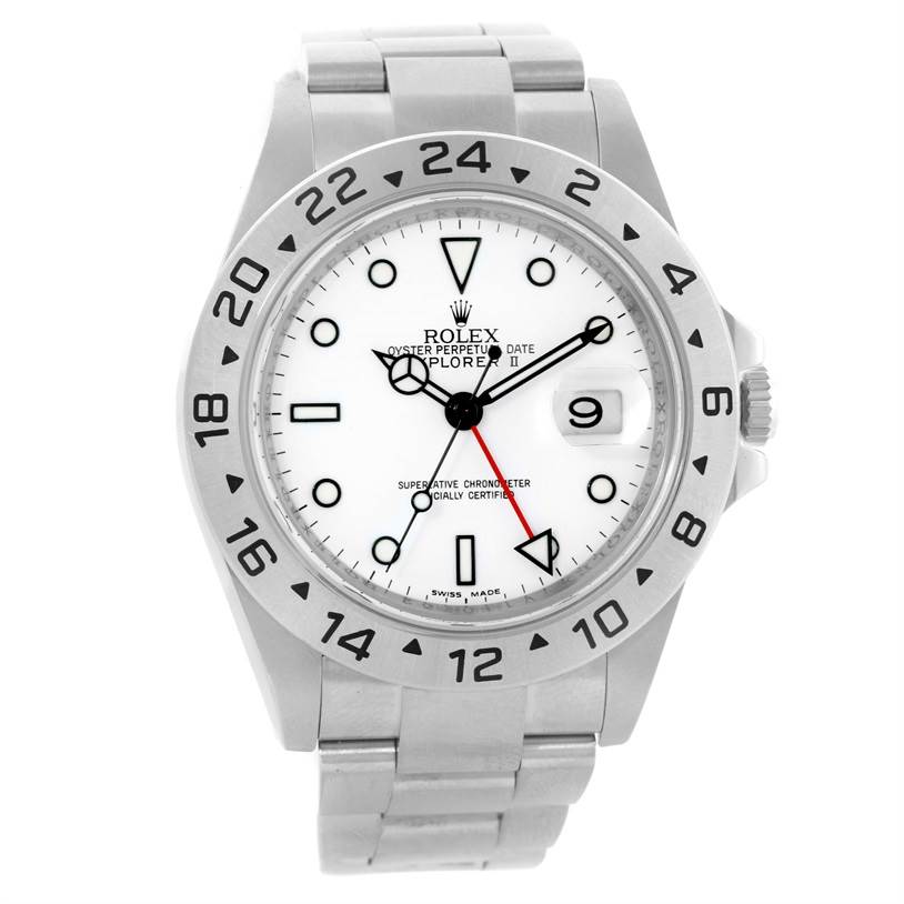 This Rolex Explorer 16570 Men's Stainless Steel White Dial 16570 Men's Stainless Steel White Dial watch is shown from the front, displaying the face, bezel, crown, and bracelet.