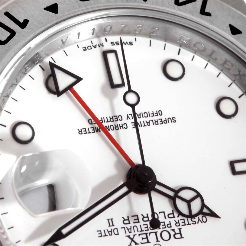 This is a close-up of the dial and hands of a Rolex Explorer 16570 Men's Stainless Steel White Dial 16570 Men's Stainless Steel White Dial II, showing the detail of the hour, minute, and second hands, as well as a date window.