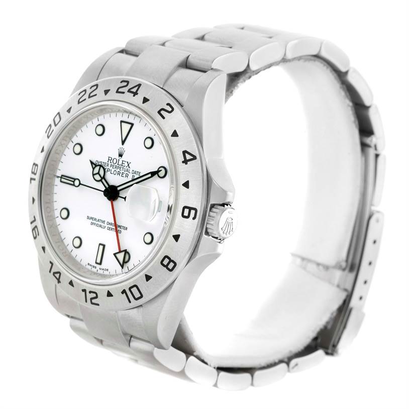 The Rolex Explorer 16570 Men's Stainless Steel White Dial 16570 Men's Stainless Steel White Dial watch is shown at an angle displaying the dial, bezel, crown, and part of the bracelet.