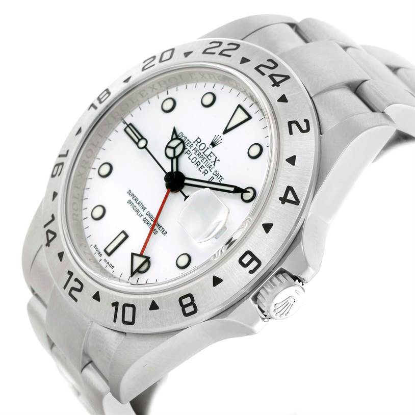 The Rolex Explorer 16570 Men's Stainless Steel White Dial 16570 Men's Stainless Steel White Dial watch is shown at a tilted angle, highlighting the face, bezel, crown, and part of the bracelet.