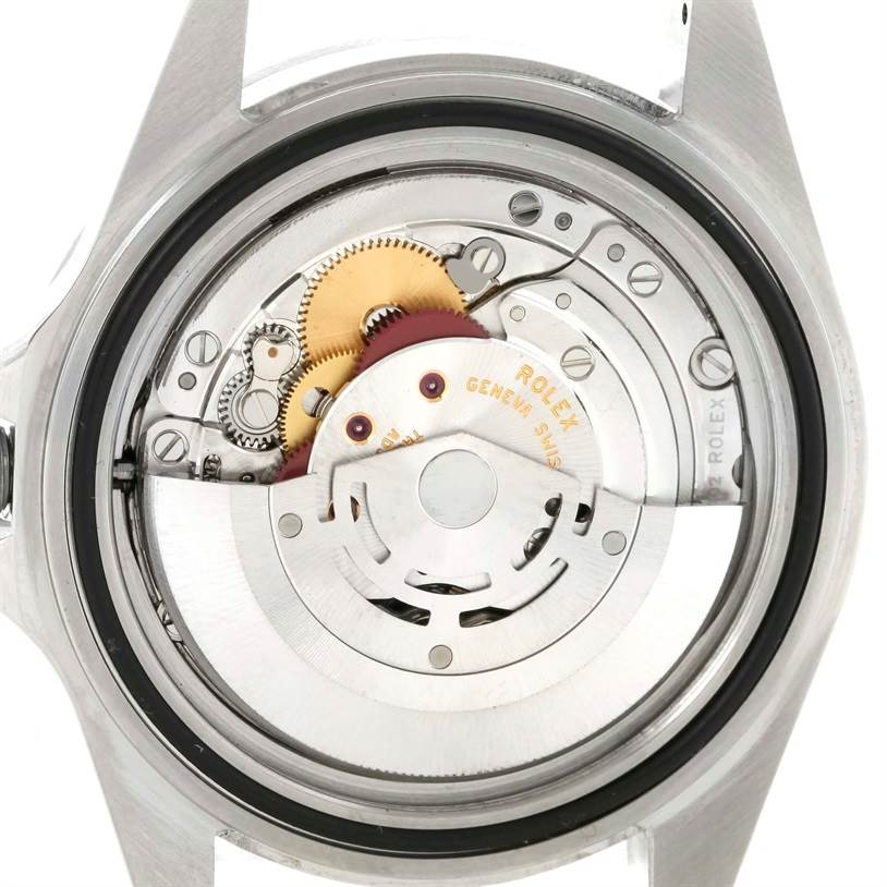 This image shows the back of a Rolex Explorer 16570 Men's Stainless Steel Black Dial 16570 Men's Stainless Steel Black Dial watch, highlighting the internal mechanical movement.