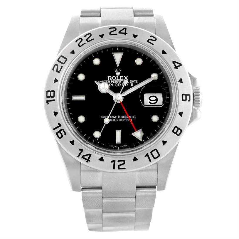 This image shows a front view of a Rolex Explorer 16570 Men's Stainless Steel Black Dial 16570 Men's Stainless Steel Black Dial watch, highlighting the dial, bezel, and bracelet.