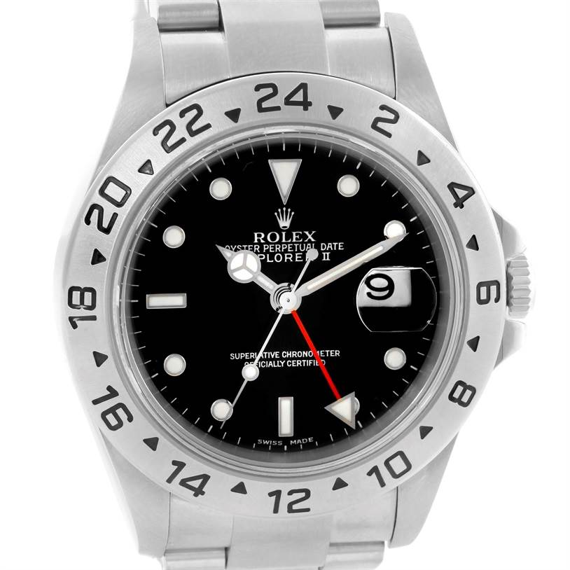 The image shows a front view of the Rolex Explorer 16570 Men's Stainless Steel Black Dial 16570 Men's Stainless Steel Black Dial watch, displaying its dial, bezel, and part of the bracelet.