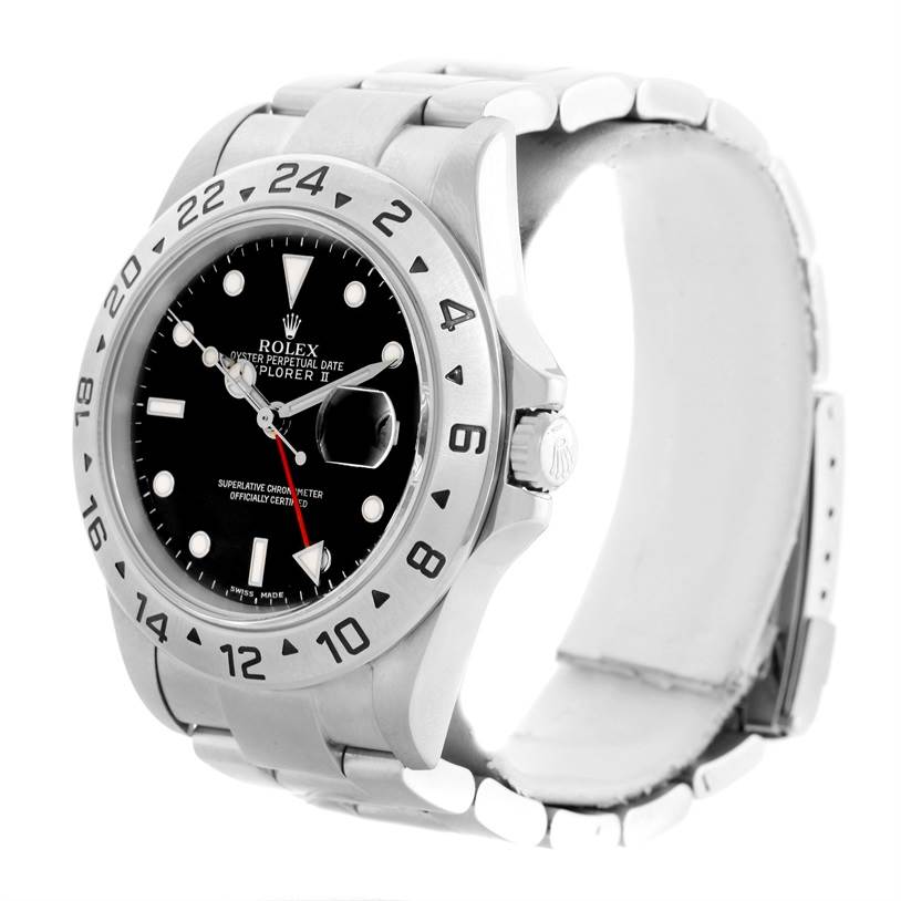 The Rolex Explorer 16570 Men's Stainless Steel Black Dial 16570 Men's Stainless Steel Black Dial watch is shown from a front angle, displaying its bezel, dial, crown, and bracelet.
