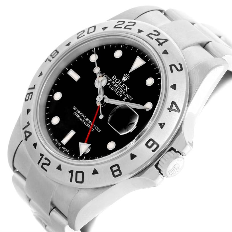 This Rolex Explorer 16570 Men's Stainless Steel Black Dial 16570 Men's Stainless Steel Black Dial watch is shown at an angle, clearly displaying the bezel, dial, hands, crown, and part of the bracelet.
