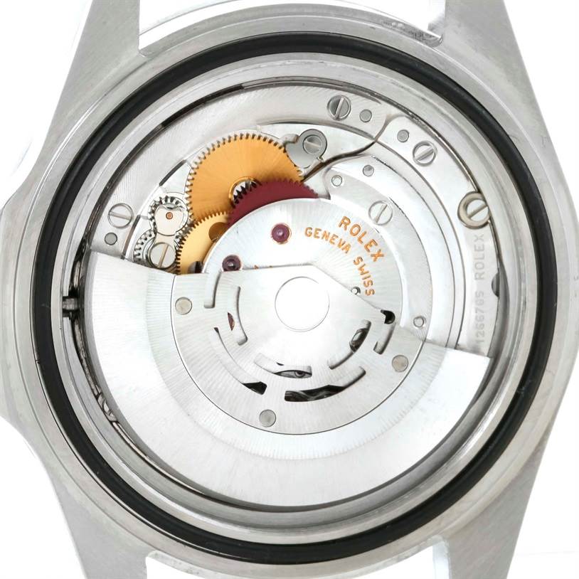 This image shows the inner mechanism and movement of a Rolex Explorer 16570 Men's Stainless Steel Black Dial 16570 Men's Stainless Steel Black Dial watch from a rear angle.