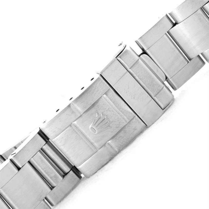 This is a close-up image of the stainless steel bracelet clasp of a Rolex Explorer 16570 Men's Stainless Steel Black Dial 16570 Men's Stainless Steel Black Dial watch.