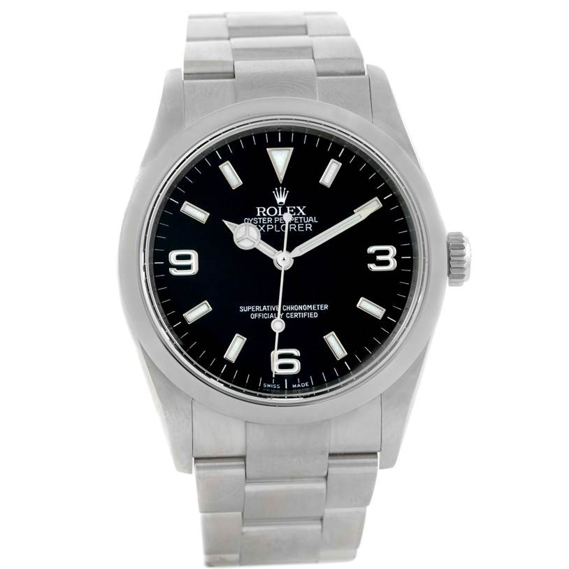 The image shows a front view of a Rolex Explorer 114270 Men's Stainless Steel Black Dial 114270 Men's Stainless Steel Black Dial model, highlighting the dial, hands, bracelet, and crown.