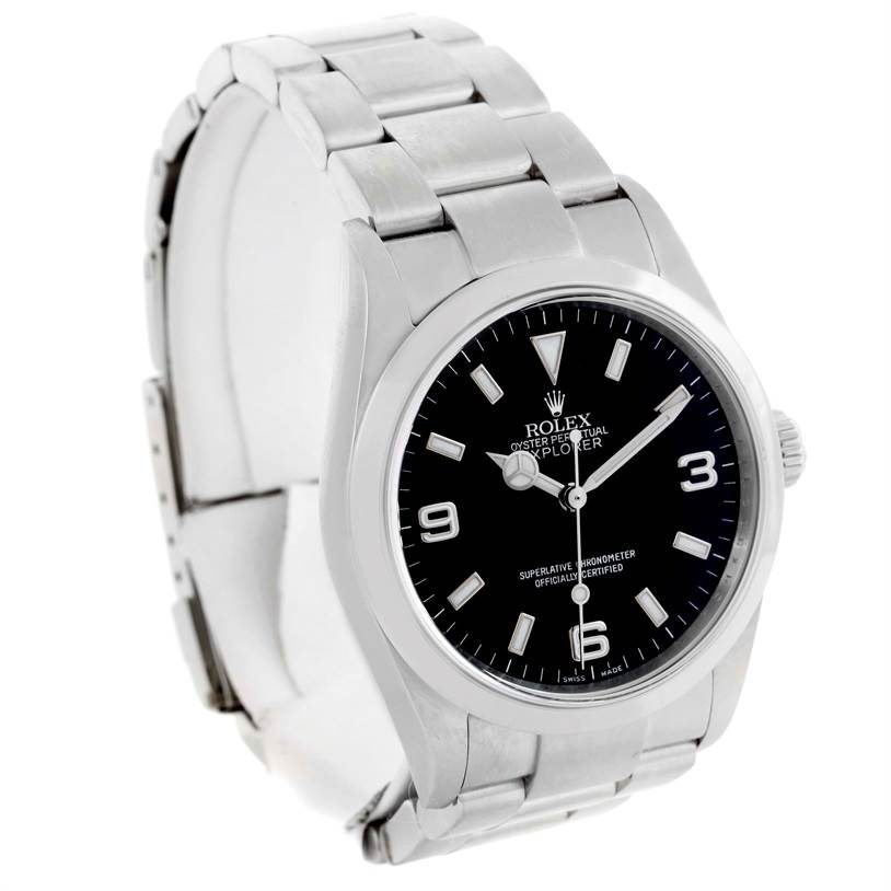 The image shows a front and partial side view of a Rolex Explorer 114270 Men's Stainless Steel Black Dial 114270 Men's Stainless Steel Black Dial watch, highlighting the dial, bracelet, and clasp.