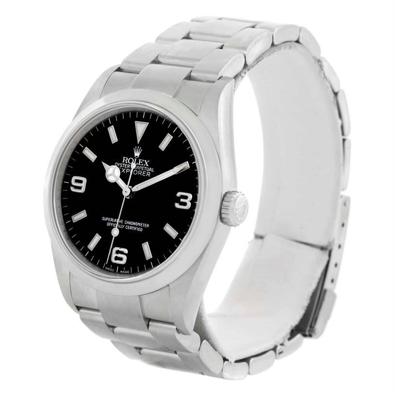 The image shows a Rolex Explorer 114270 Men's Stainless Steel Black Dial 114270 Men's Stainless Steel Black Dial watch at a slight angled side view, highlighting the face, bezel, crown, and part of the bracelet.