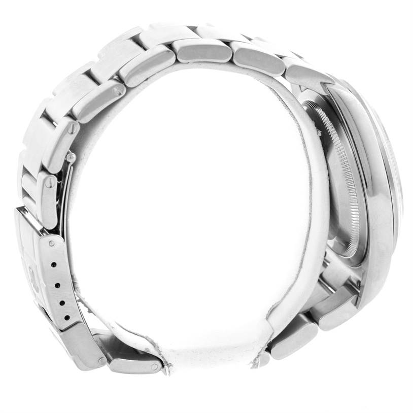 This image shows the side view of the Rolex Explorer 114270 Men's Stainless Steel Black Dial 114270 Men's Stainless Steel Black Dial watch, highlighting the bracelet and the case back.