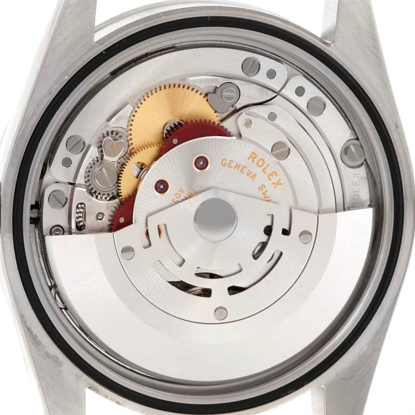 The image shows the internal mechanism and movement of a Rolex Explorer 114270 Men's Stainless Steel Black Dial 114270 Men's Stainless Steel Black Dial model watch, viewed from the back.