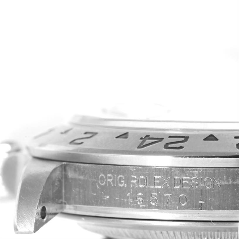 The image shows a close-up side view of the bezel, case, and lugs of the Rolex Explorer 16570 Men's Stainless Steel White Dial 16570 Men's Stainless Steel White Dial watch, highlighting the model number.