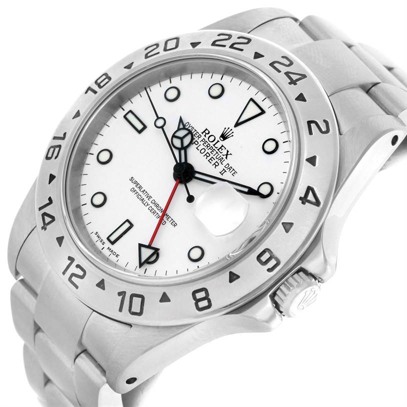 The image shows a close-up, angled view of a Rolex Explorer 16570 Men's Stainless Steel White Dial 16570 Men's Stainless Steel White Dial watch face and part of the bracelet.