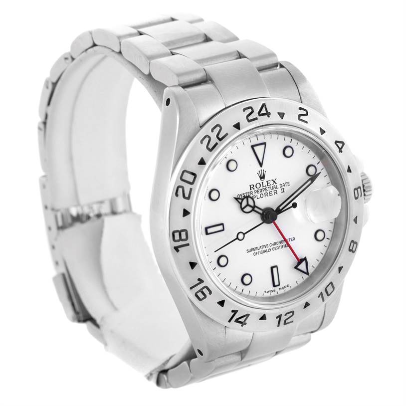 The Rolex Explorer 16570 Men's Stainless Steel White Dial 16570 Men's Stainless Steel White Dial watch is shown at a slight angle, highlighting the dial, bezel, and part of the bracelet.