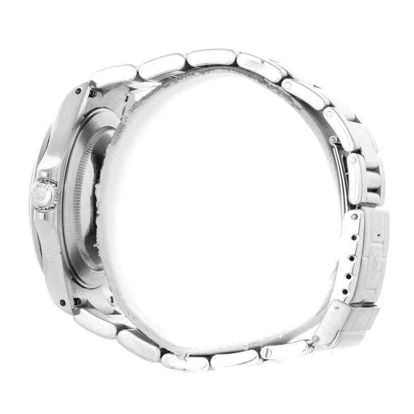 The image shows a side view angle of the Rolex Explorer 16570 Men's Stainless Steel White Dial 16570 Men's Stainless Steel White Dial watch, displaying the case, bezel, crown, and bracelet links.