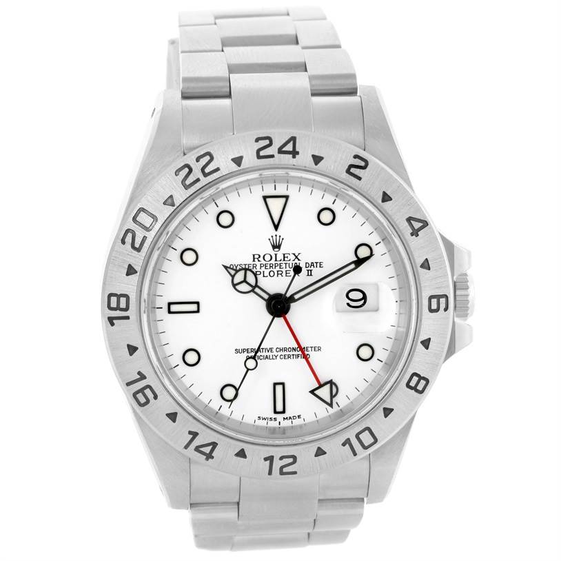 The image shows the front view of a Rolex Explorer 16570 Men's Stainless Steel White Dial 16570 Men's Stainless Steel White Dial watch, displaying its white dial, hour markers, hands, and bracelet.