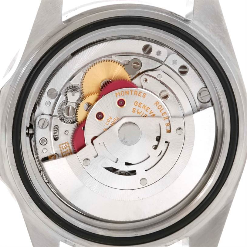This image shows the movement mechanism of a Rolex Explorer 16570 Men's Stainless Steel White Dial 16570 Men's Stainless Steel White Dial watch viewed from the back.