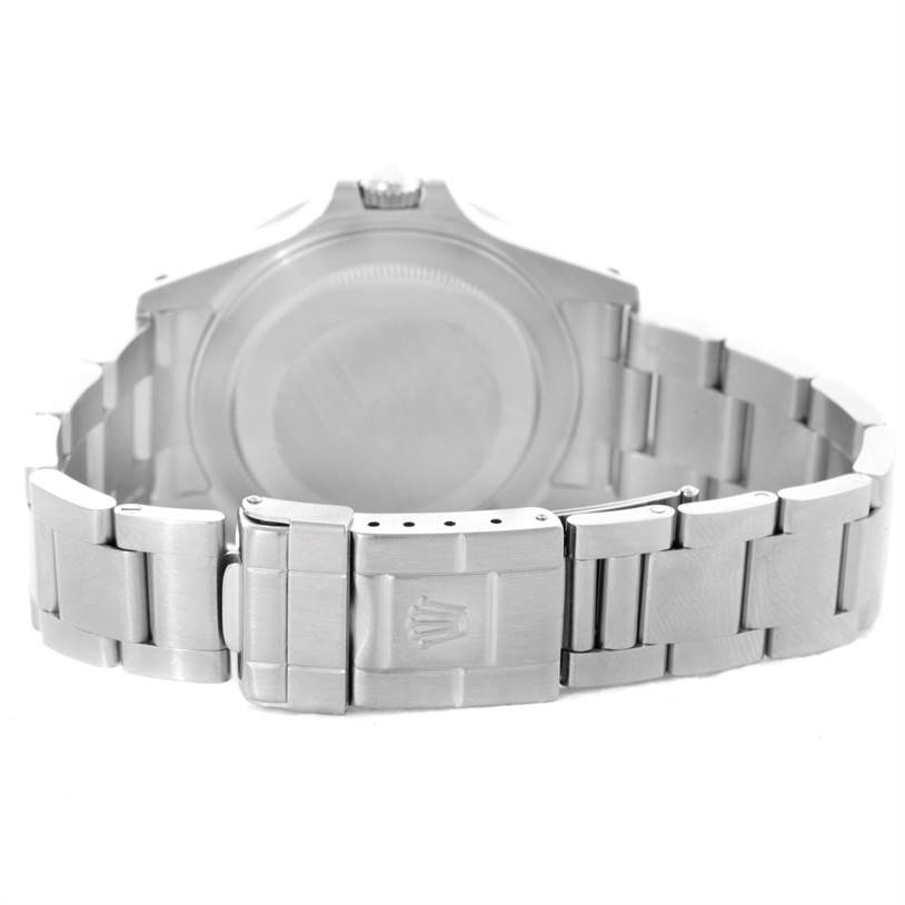 This image shows the back and clasp of a Rolex Explorer 16570 Men's Stainless Steel White Dial 16570 Men's Stainless Steel White Dial watch, highlighting the bracelet and case back.